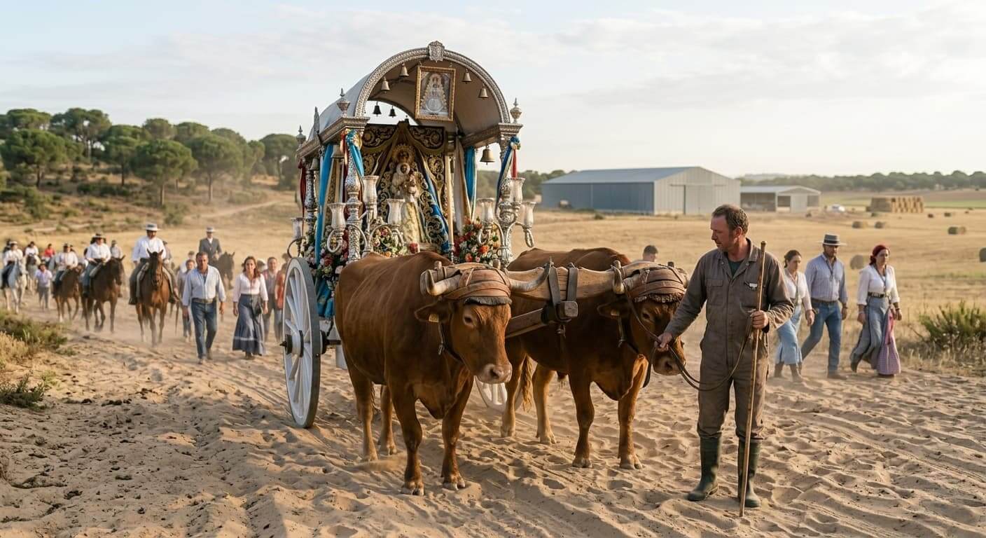 Carretones rocieros tirados por yuntas de bueyes cruzando los caminos de Doñana hacia la aldea.