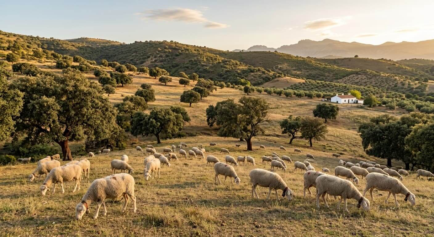 Rebaño de ovejas pastando en régimen de ganadería extensiva en una dehesa típica de Andalucía.