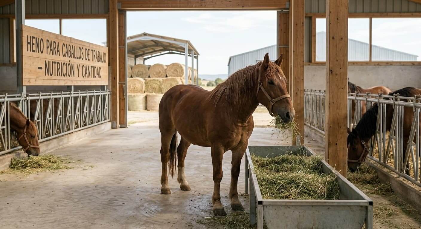 Caballo de tiro comiendo forraje de heno seleccionado en una zona de pesebreras estabuladas.