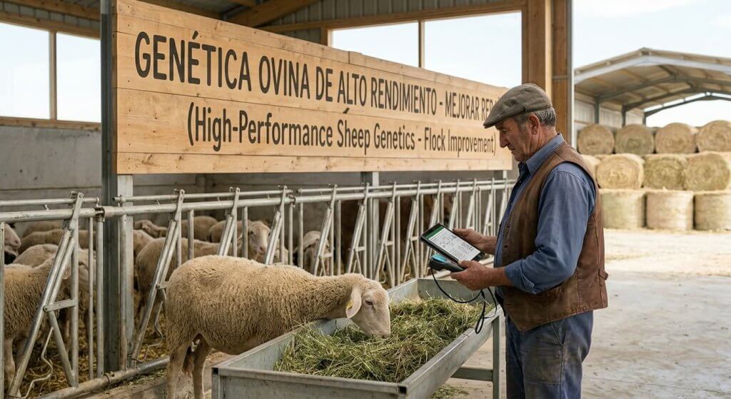 Ganadero seleccionando ovejas reproductoras de alta calidad genética mediante lector de crotales electrónico.