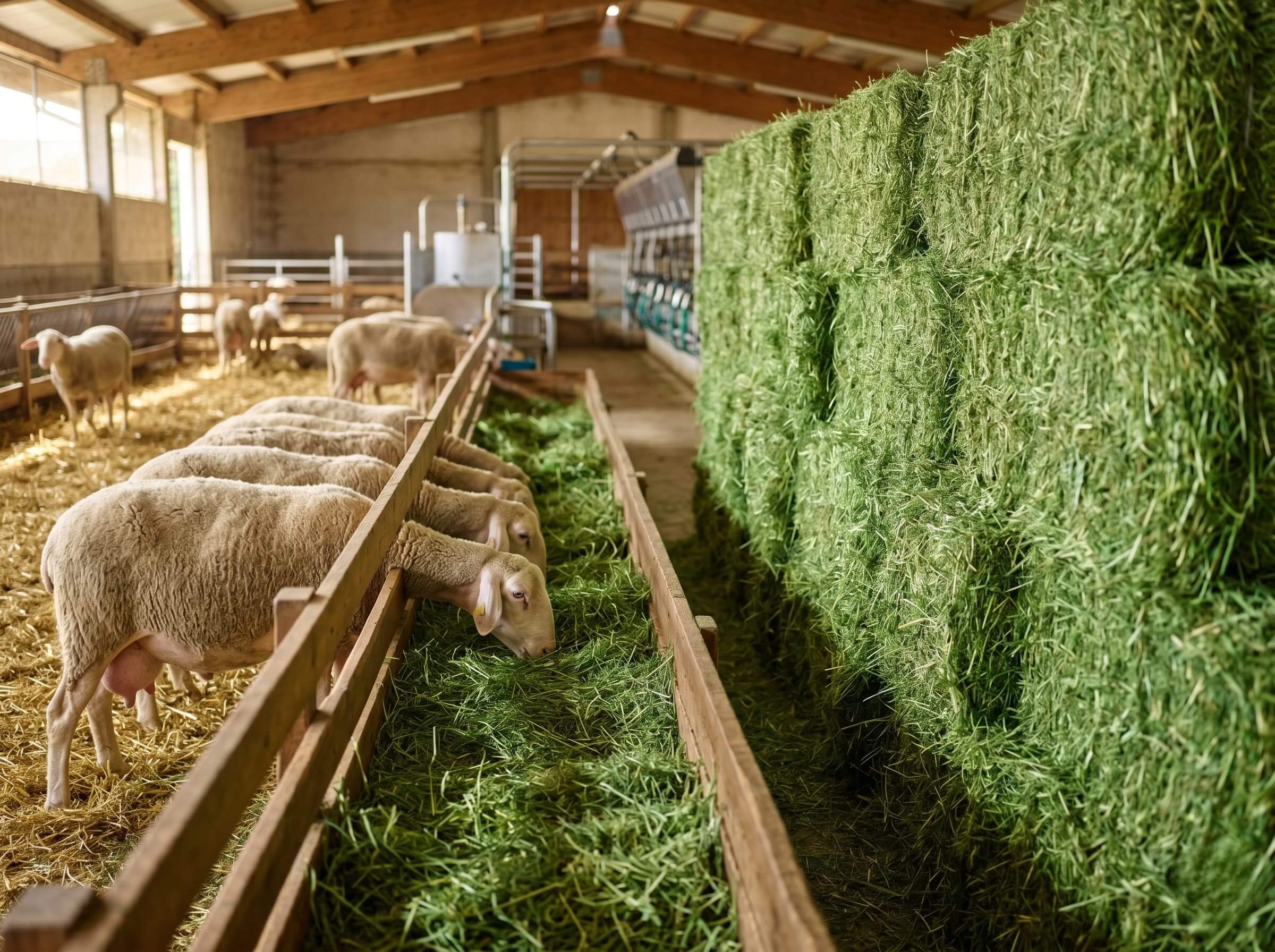 Heno de alta calidad para la alimentación y producción de ovejas de leche en una explotación ganadera.