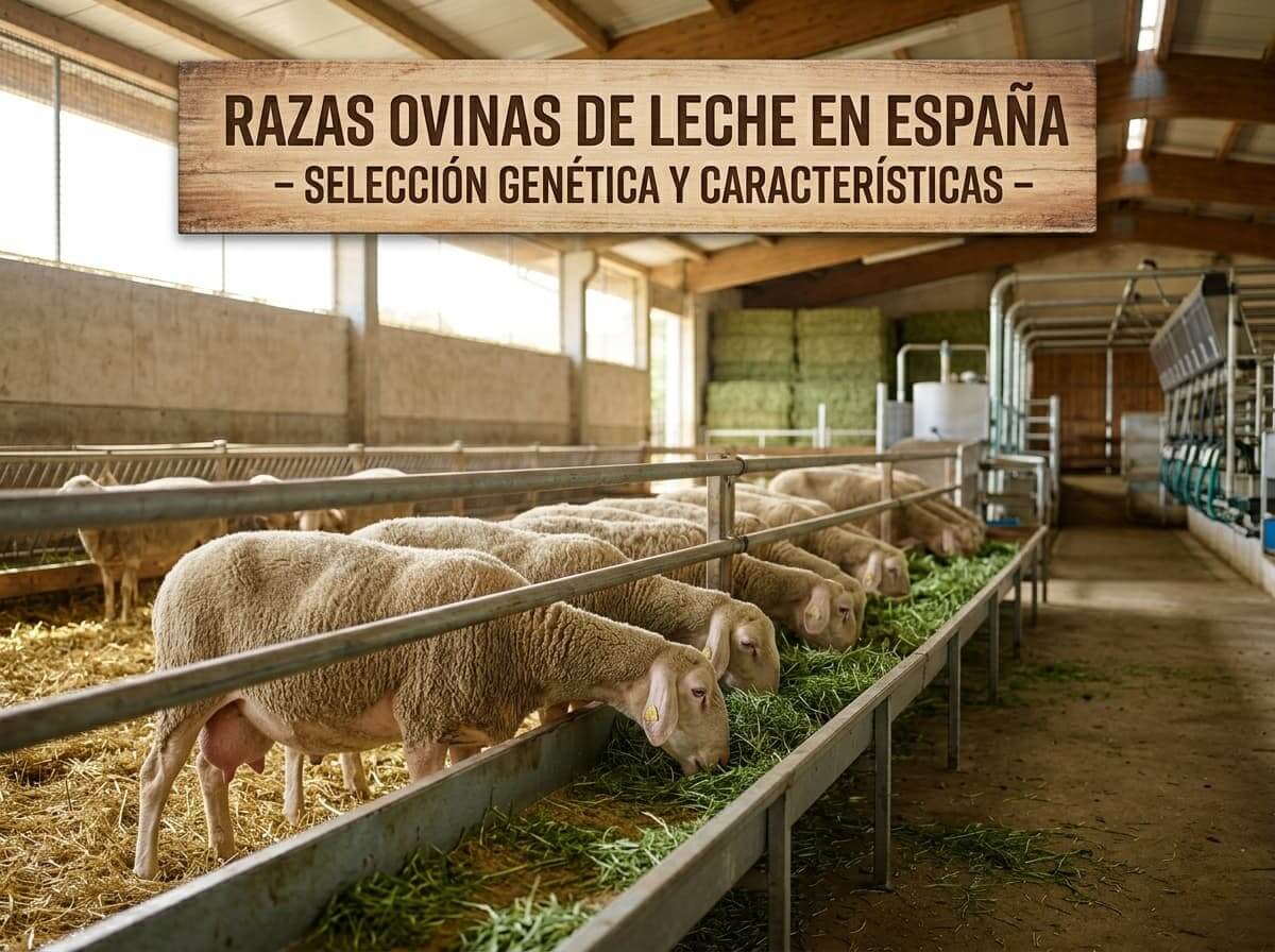 Grupo de ovejas lecheras de raza seleccionada en una explotación ganadera moderna de ordeño.