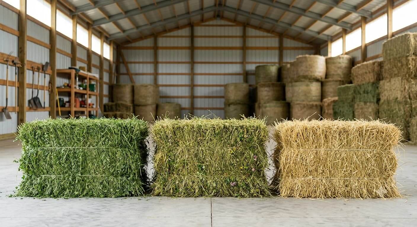 Comparativa de pacas de heno de pradera, alfalfa y festuca en un almacén de forraje.