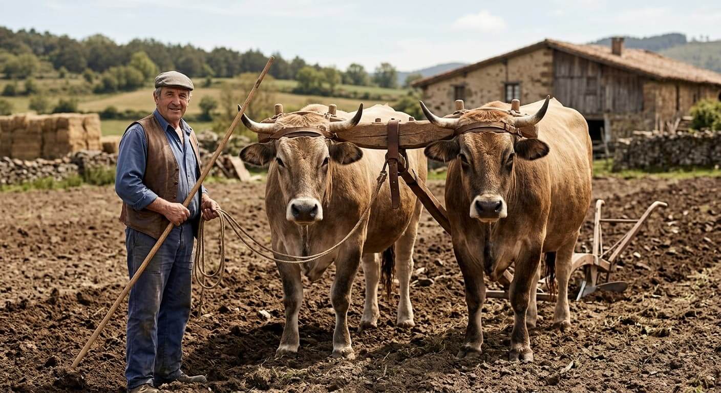 Pareja de bueyes unida por un yugo de madera en una labor tradicional del campo.
